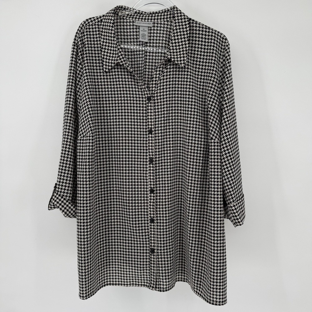 Catherines Black White Houndstooth Button up Blouse 2X Careerwear Office Casual